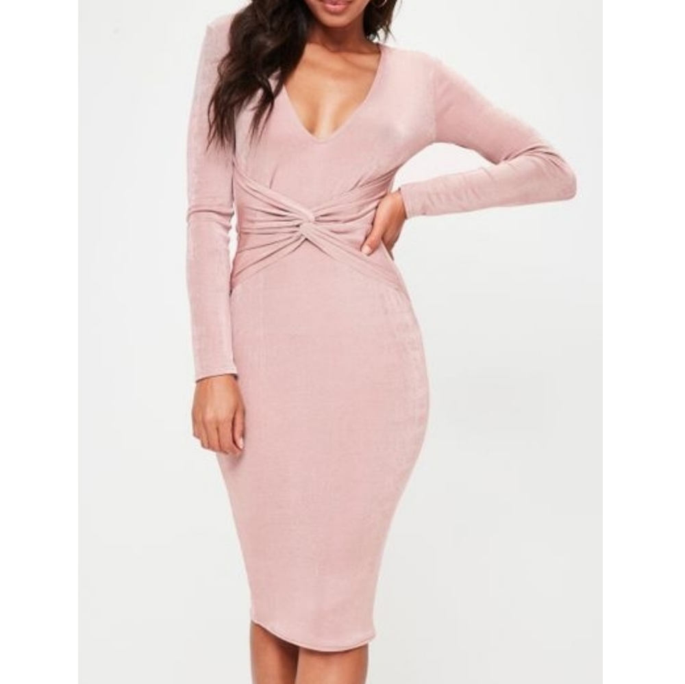 Missguided Pink Slinky Front Twist Midi Dress